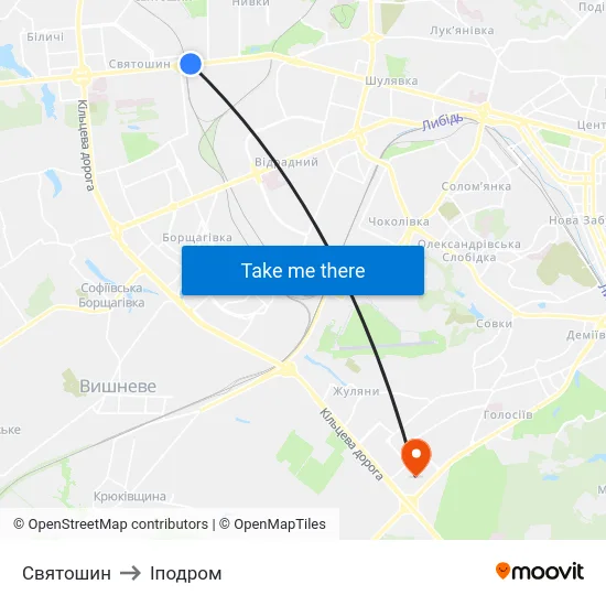 Святошин to Іподром map