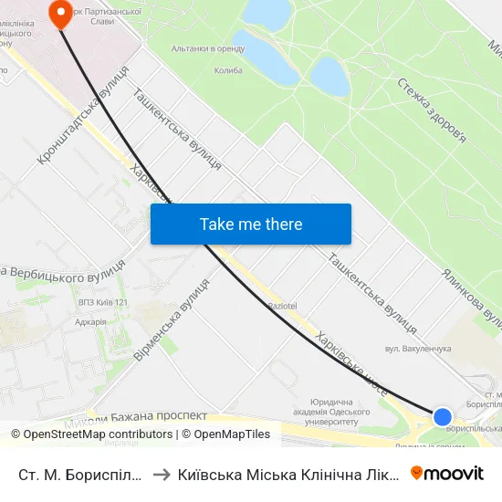 Ст. М. Бориспільська to Київська Міська Клінічна Лікарня №1 map