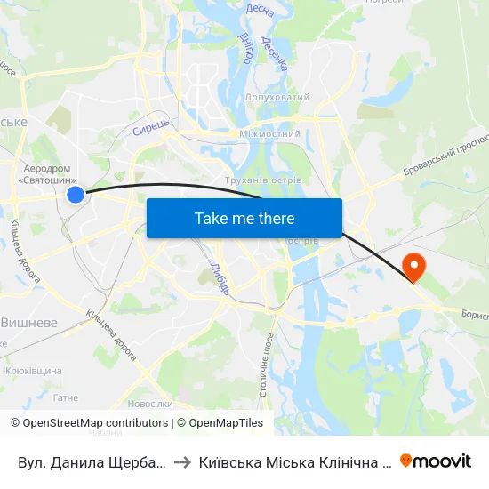 Вул. Данила Щербаківського to Київська Міська Клінічна Лікарня №1 map