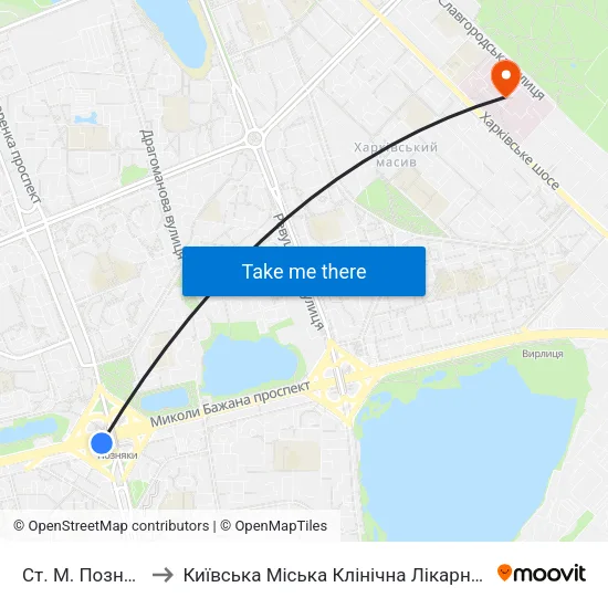 Ст. М. Позняки to Київська Міська Клінічна Лікарня №1 map
