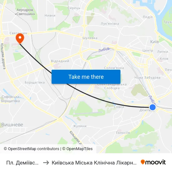 Пл. Деміївська to Київська Міська Клінічна Лікарня №5 map