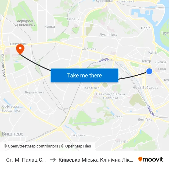 Ст. М. Палац Спорту to Київська Міська Клінічна Лікарня №5 map