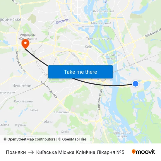 Позняки to Київська Міська Клінічна Лікарня №5 map