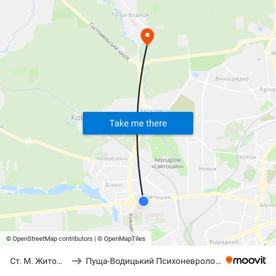 Ст. М. Житомирська to Пуща-Водицький Психоневрологічний Інтернат map