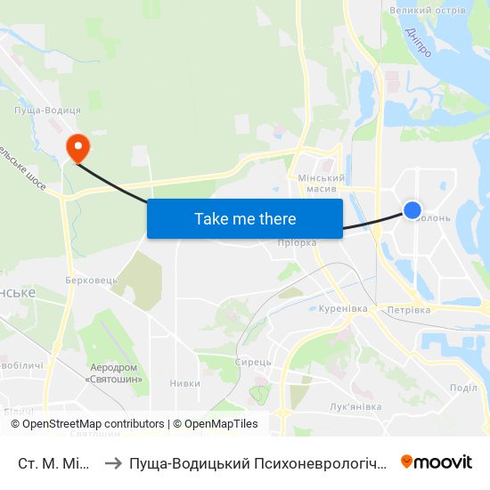 Ст. М. Мінська to Пуща-Водицький Психоневрологічний Інтернат map