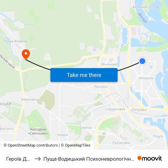 Героїв Дніпра to Пуща-Водицький Психоневрологічний Інтернат map