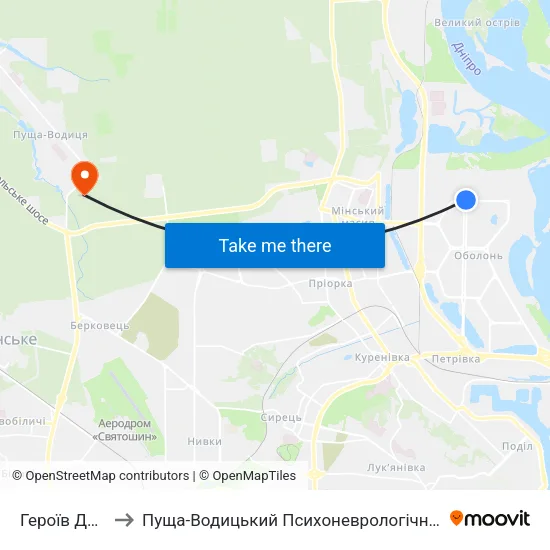 Героїв Дніпра to Пуща-Водицький Психоневрологічний Інтернат map
