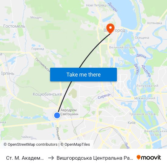 Ст. М. Академмістечко to Вишгородська Центральна Районна Лікарня map