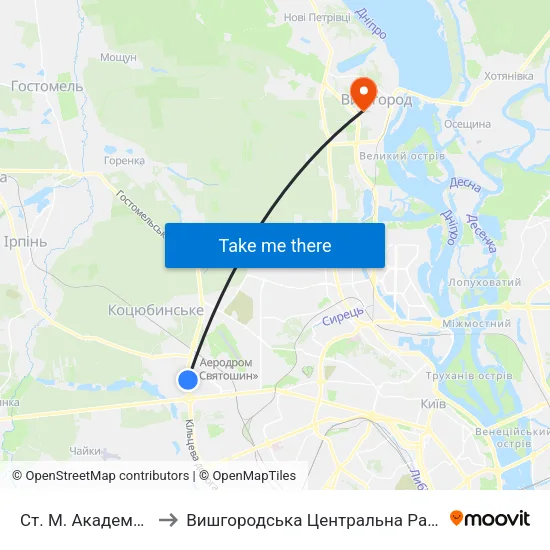 Ст. М. Академмістечко to Вишгородська Центральна Районна Лікарня map