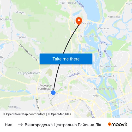 Нивки to Вишгородська Центральна Районна Лікарня map