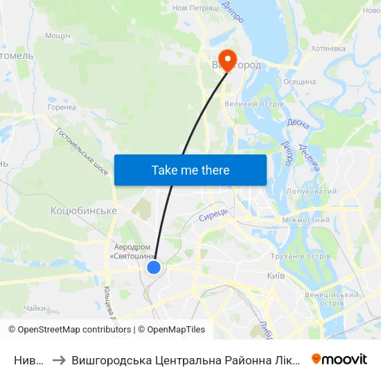 Нивки to Вишгородська Центральна Районна Лікарня map