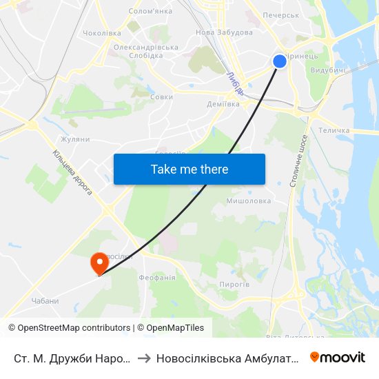 Ст. М. Дружби Народів to Новосілківська Амбулаторія map
