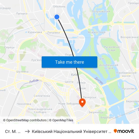 Ст. М. Оболонь to Київський Національний Університет Культури І Мистецтв (Кнукім) map