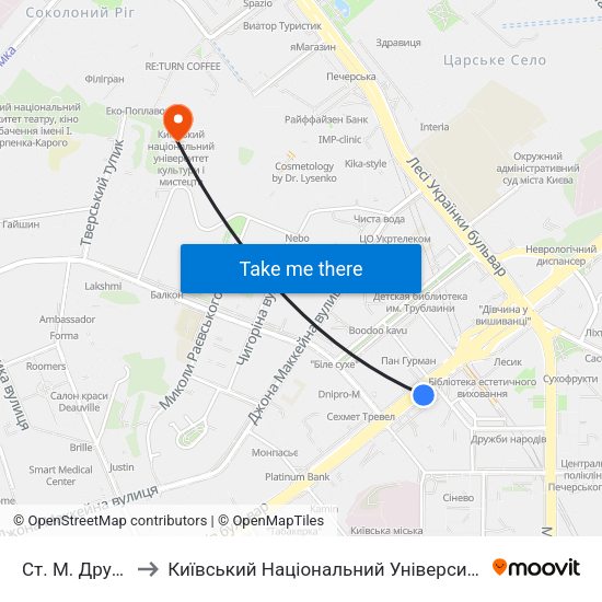 Ст. М. Дружби Народів to Київський Національний Університет Культури І Мистецтв (Кнукім) map