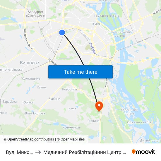 Вул. Миколи Голего to Медичний Реабілітаційний Центр Мвс України ""Хутір Вільний"" map