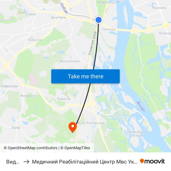Видубичі to Медичний Реабілітаційний Центр Мвс України ""Хутір Вільний"" map