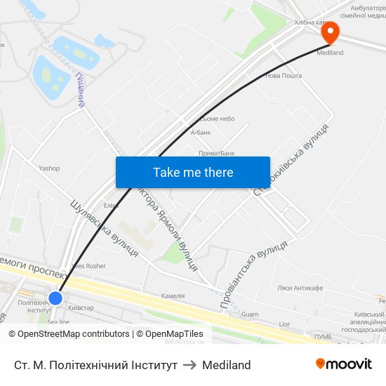 Ст. М. Політехнічний Інститут to Mediland map
