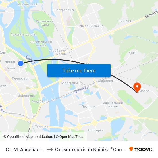 Ст. М. Арсенальна to Стоматологічна Клініка ""Сапфір"" map