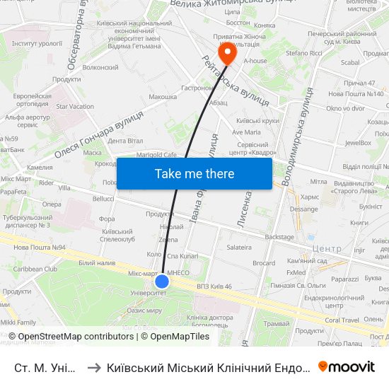 Ст. М. Університет to Київський Міський Клінічний Ендокринологічний Центр map