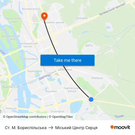 Ст. М. Бориспільська to Міський Центр Серця map