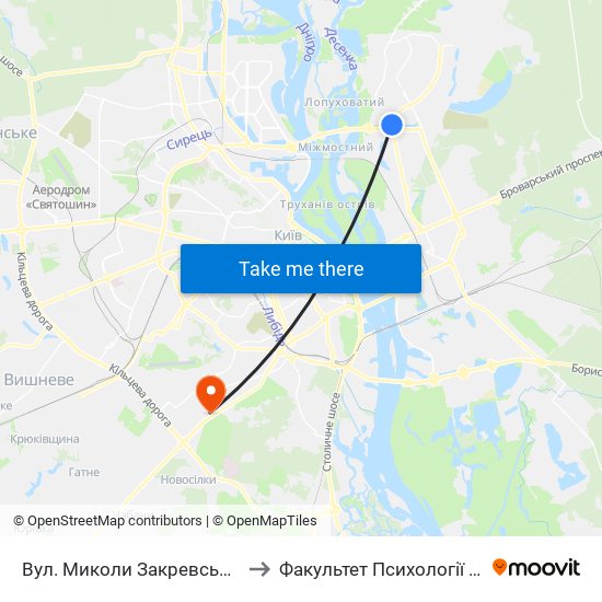 Вул. Миколи Закревського to Факультет Психології Кну map