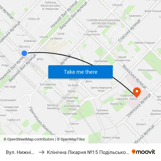 Вул. Нижнiй Вал to Клінічна Лікарня №15 Подільського Району map