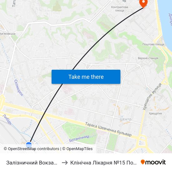 Залізничний Вокзал Центральний to Клінічна Лікарня №15 Подільського Району map
