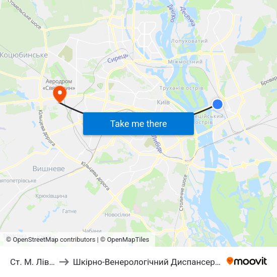 Ст. М. Лівобережна to Шкірно-Венерологічний Диспансер № 3 Святошинського Району map