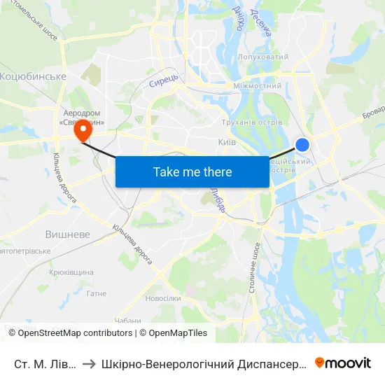 Ст. М. Лівобережна to Шкірно-Венерологічний Диспансер № 3 Святошинського Району map