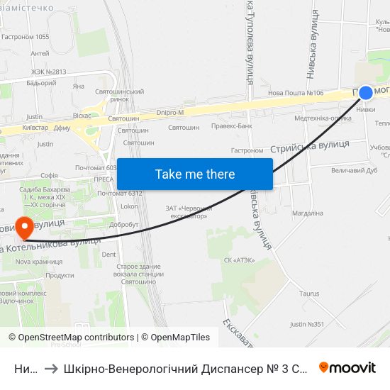Нивки to Шкірно-Венерологічний Диспансер № 3 Святошинського Району map