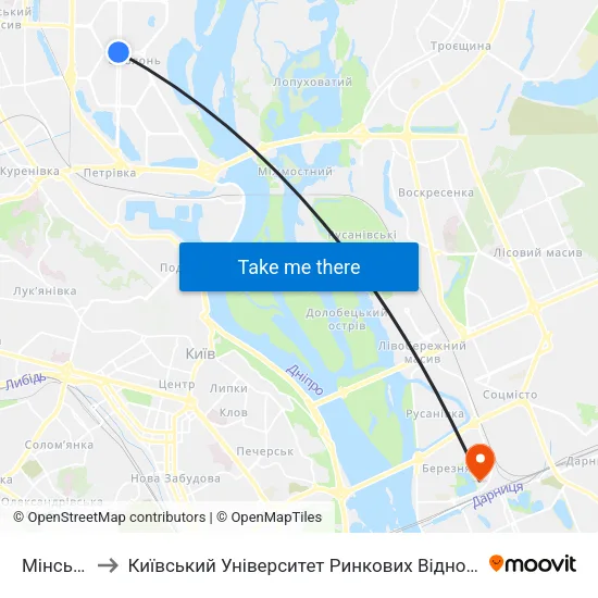Мінська to Київський Університет Ринкових Відносин map
