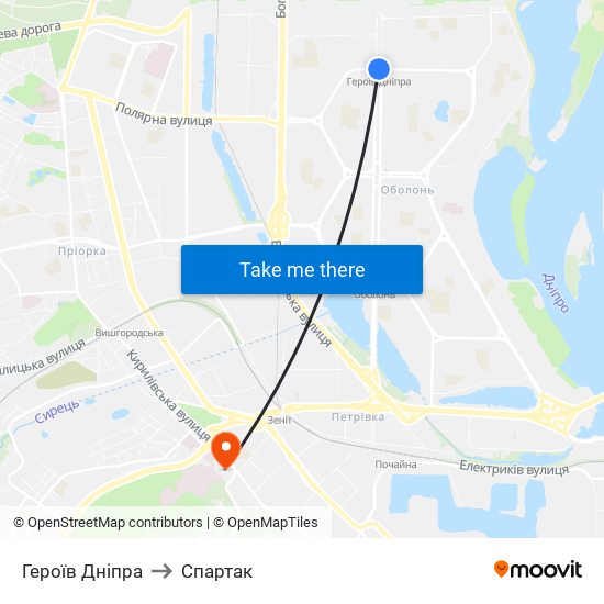 Героїв Дніпра to Спартак map