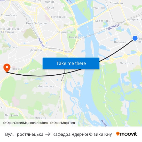 Вул. Тростянецька to Кафедра Ядерної Фізики Кну map