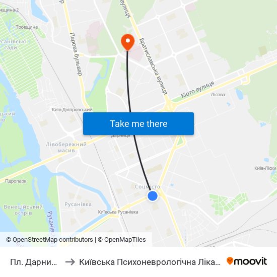 Пл. Дарницька to Київська Психоневрологічна Лікарня № 2 map