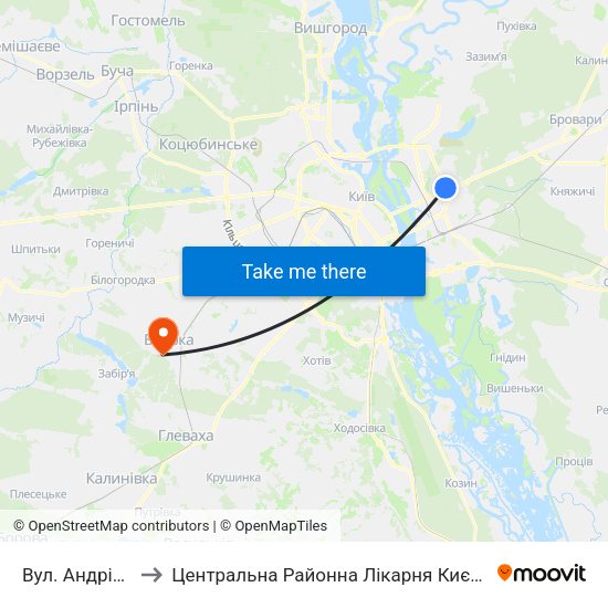 Вул. Андрія Малишка to Центральна Районна Лікарня Києво-Святошинського Району map