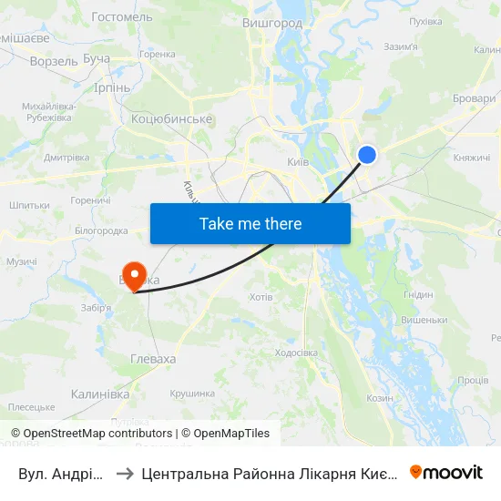Вул. Андрія Малишка to Центральна Районна Лікарня Києво-Святошинського Району map