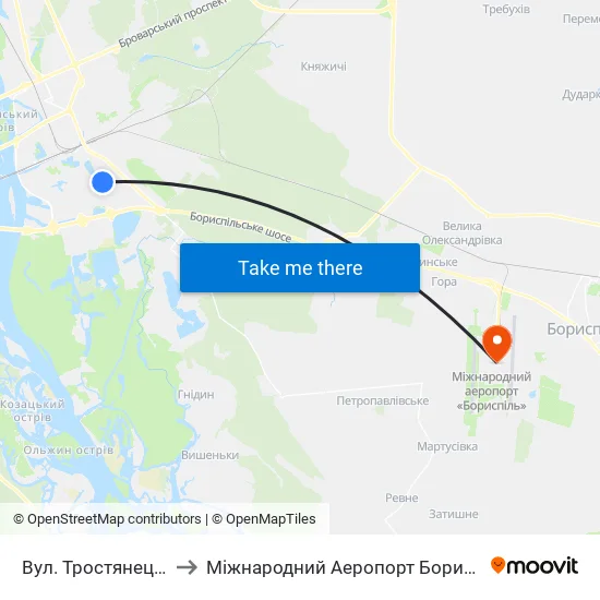 Вул. Тростянецька to Міжнародний Аеропорт Бориспіль map