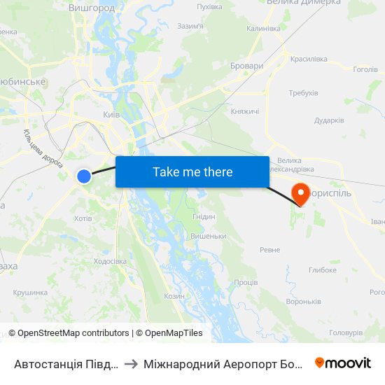 Автостанція Південна to Міжнародний Аеропорт Бориспіль map