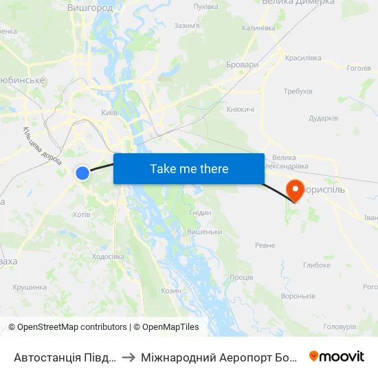 Автостанція Південна to Міжнародний Аеропорт Бориспіль map