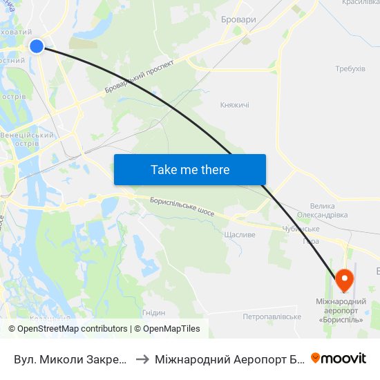 Вул. Миколи Закревського to Міжнародний Аеропорт Бориспіль map