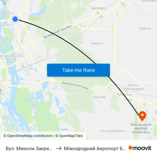Вул. Миколи Закревського to Міжнародний Аеропорт Бориспіль map