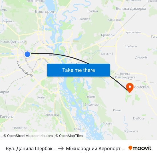 Вул. Данила Щербаківського to Міжнародний Аеропорт Бориспіль map