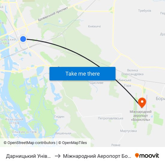Дарницький Універмаг to Міжнародний Аеропорт Бориспіль map