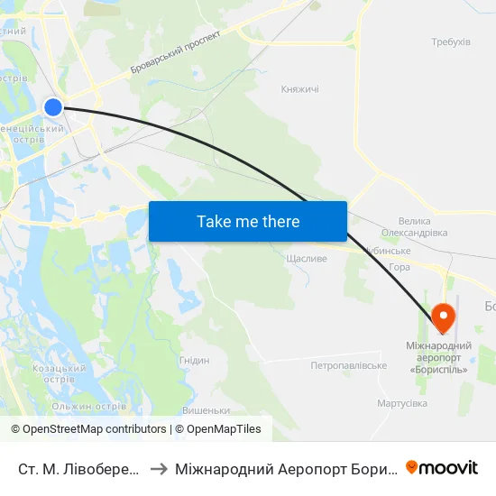 Ст. М. Лівобережна to Міжнародний Аеропорт Бориспіль map