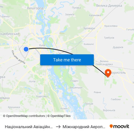 Національний Авіаційний Університет to Міжнародний Аеропорт Бориспіль map