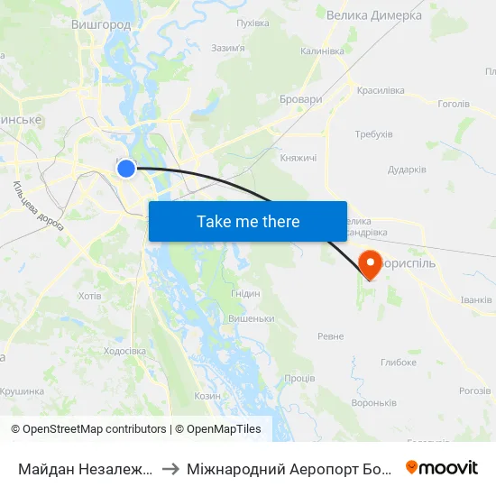 Майдан Незалежності to Міжнародний Аеропорт Бориспіль map