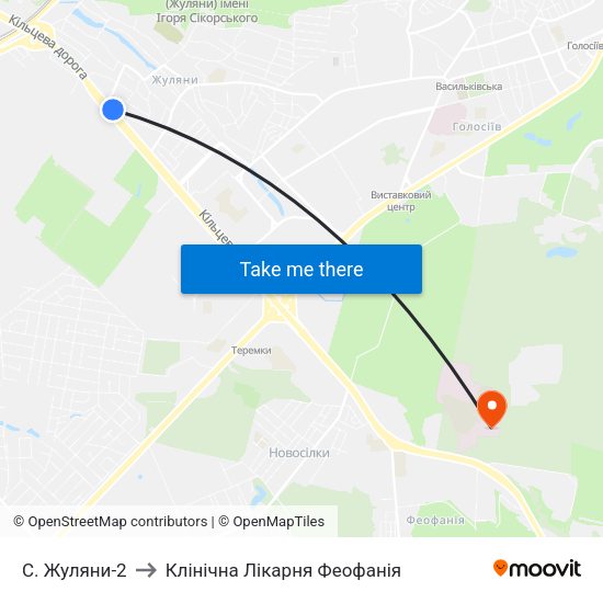 С. Жуляни-2 to Клінічна Лікарня Феофанія map