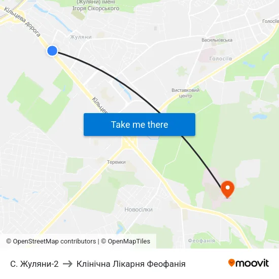 С. Жуляни-2 to Клінічна Лікарня Феофанія map