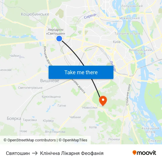 Святошин to Клінічна Лікарня Феофанія map