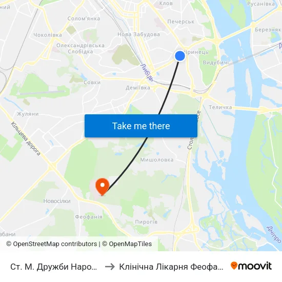 Ст. М. Дружби Народів to Клінічна Лікарня Феофанія map